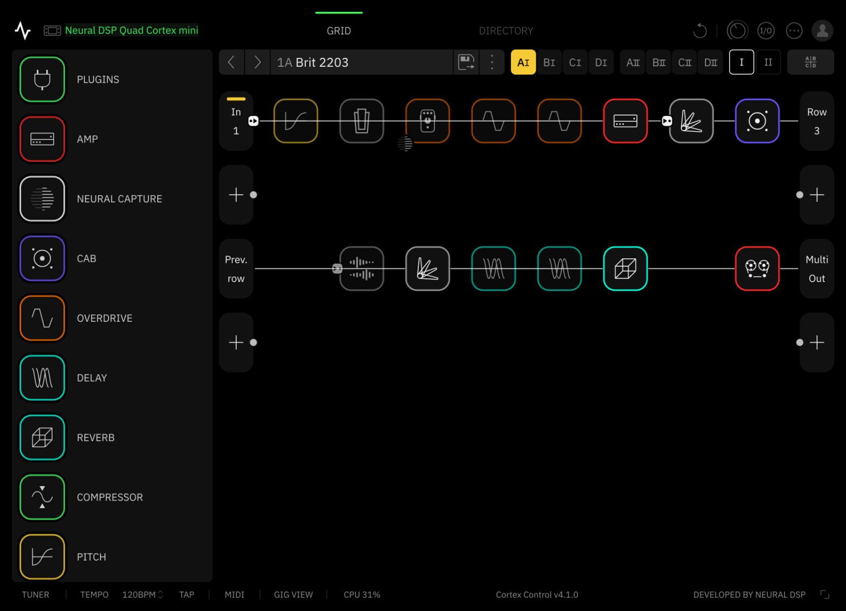 Cortex Control showing a preset grid, connected to a Quad Cortex mini, running on Omarchy